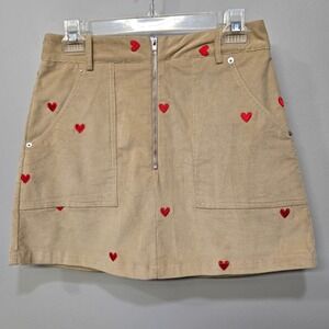 Cider Micro Mini Skirt Medium Tan‎ Retro 70s Corduroy Heart Embroidered Pockets
